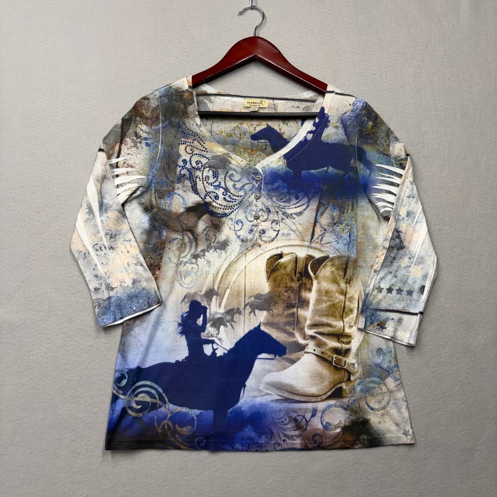 One World Henley Top Women L Blue Western Horse Rhinestone Laser Cut Sleeve